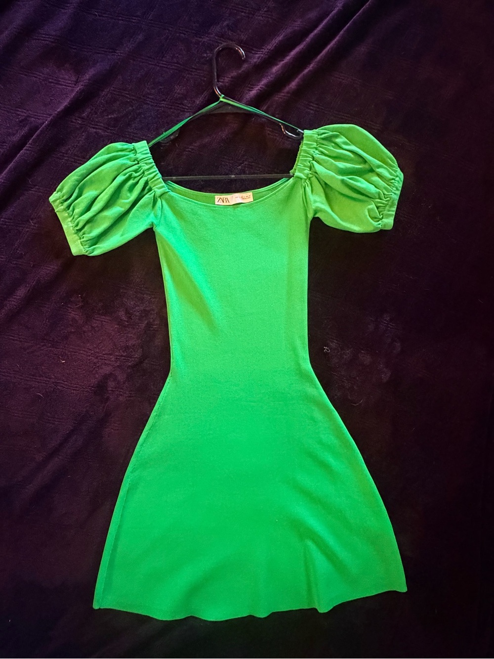 Zara Bright Green Puff-Sleeve Mini Dress Size S